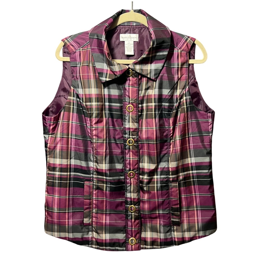 Drapers & Damons Plaid Sleeveless Vest‎ Size L Collared Button Front Pockets
